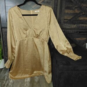 miami Gold V-Neck Midi Dress with Smocked Cuffs Size M